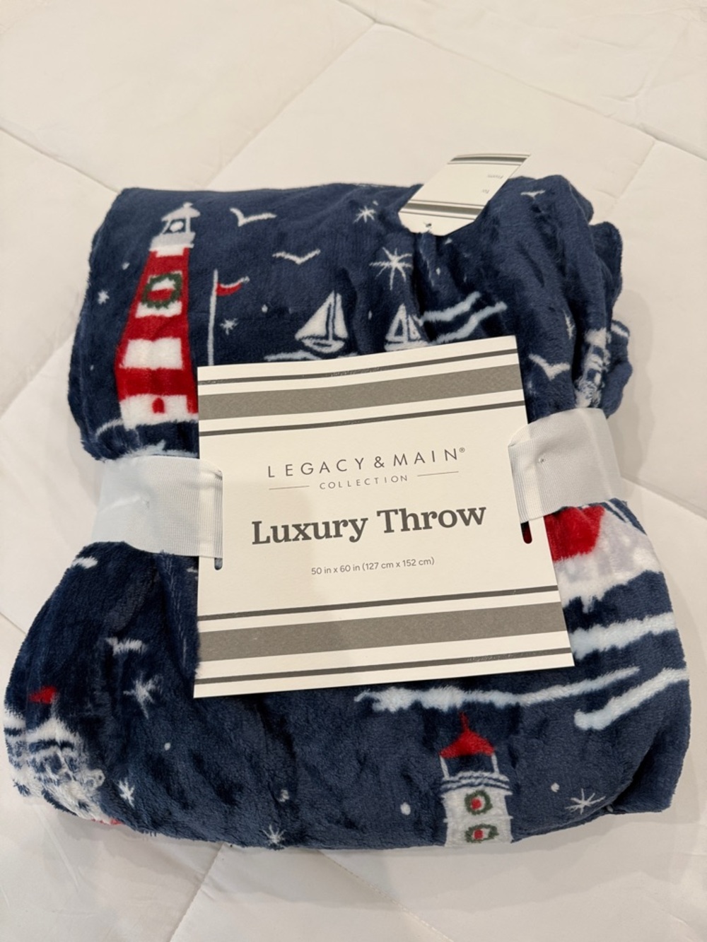 • NWT • Navy Holiday Lighthouse Fleece Throw Blanket • Ready to Gift